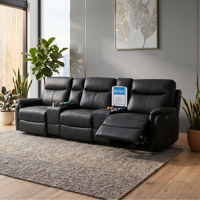 Rodeo Leather Home Theatre Recliner Lounge with Built-In Fridge