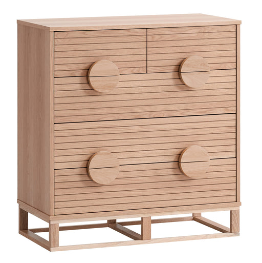 Wooden cabinet with circular accents on a white background
