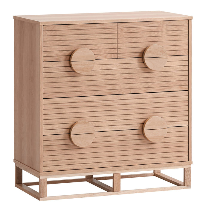 Wooden cabinet with circular accents on a white background