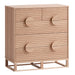 Wooden cabinet with circular accents on a white background