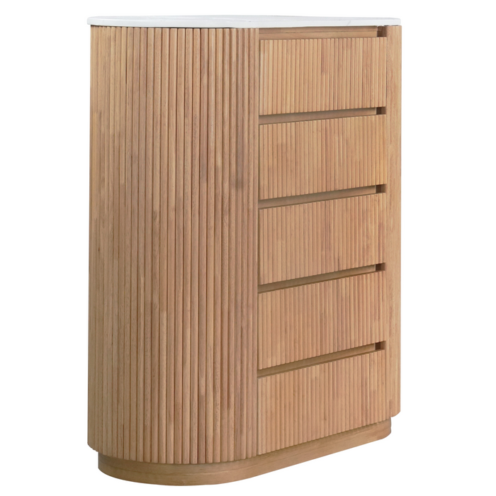 Wooden cabinet with slatted design on a white background