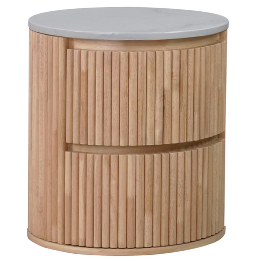 Round wooden side table with a light gray top on a white background