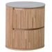 Round wooden side table with a light gray top on a white background